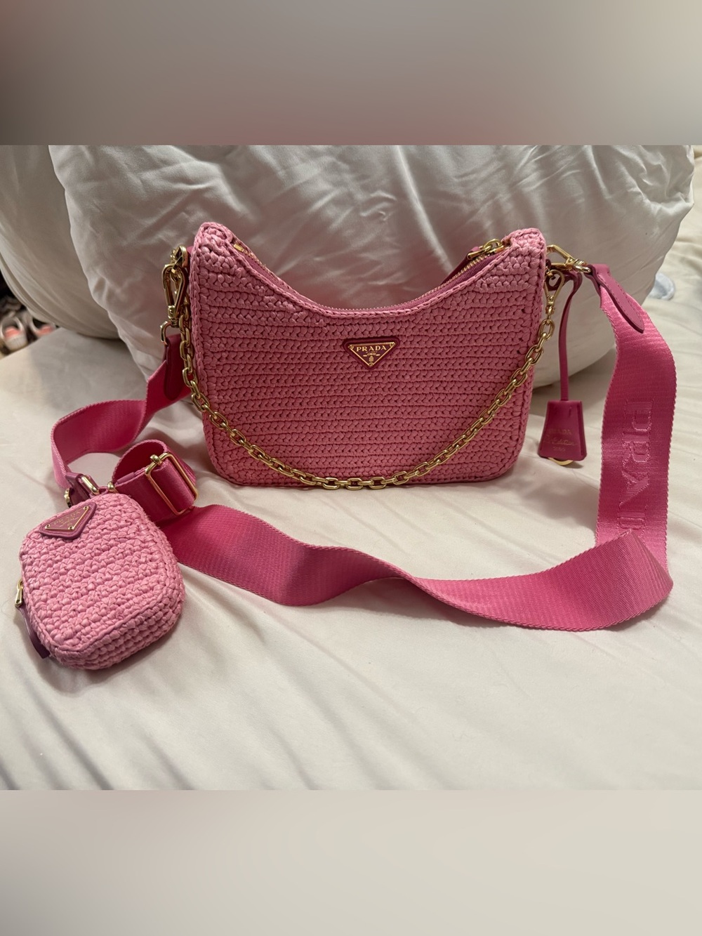 Prada Pink Woven Shoulder Bag with Gold Chain Accent